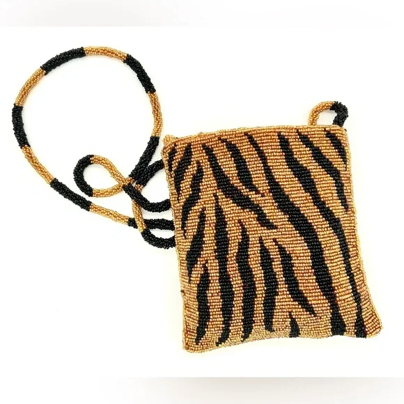 Vintage Tiger Striped Glass Beaded Crossbody Purse Dance Club Party Cocktail Bag - Picture 5 of 15